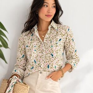 Croft & Barrow Petite Bird Print Button Down Blouse Cottagecore Top PS